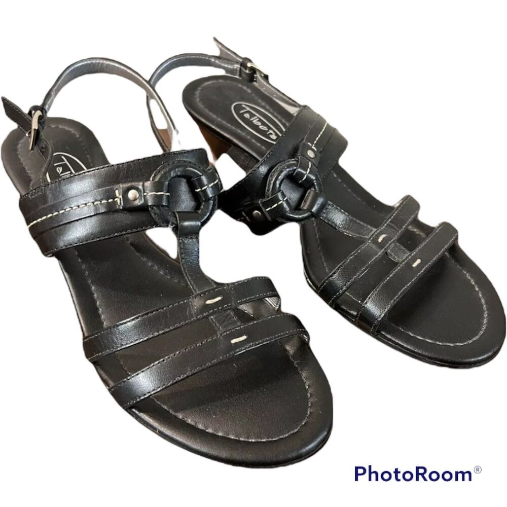 Talbots Womens Black Leather Sandals Buckle Strappy Exposed Stitches Size 6.5 M